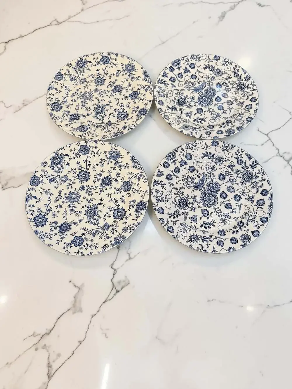 4 Royal Wessex Jacobean 10” Blue and White Floral Ironstone 10” Dessert Plates